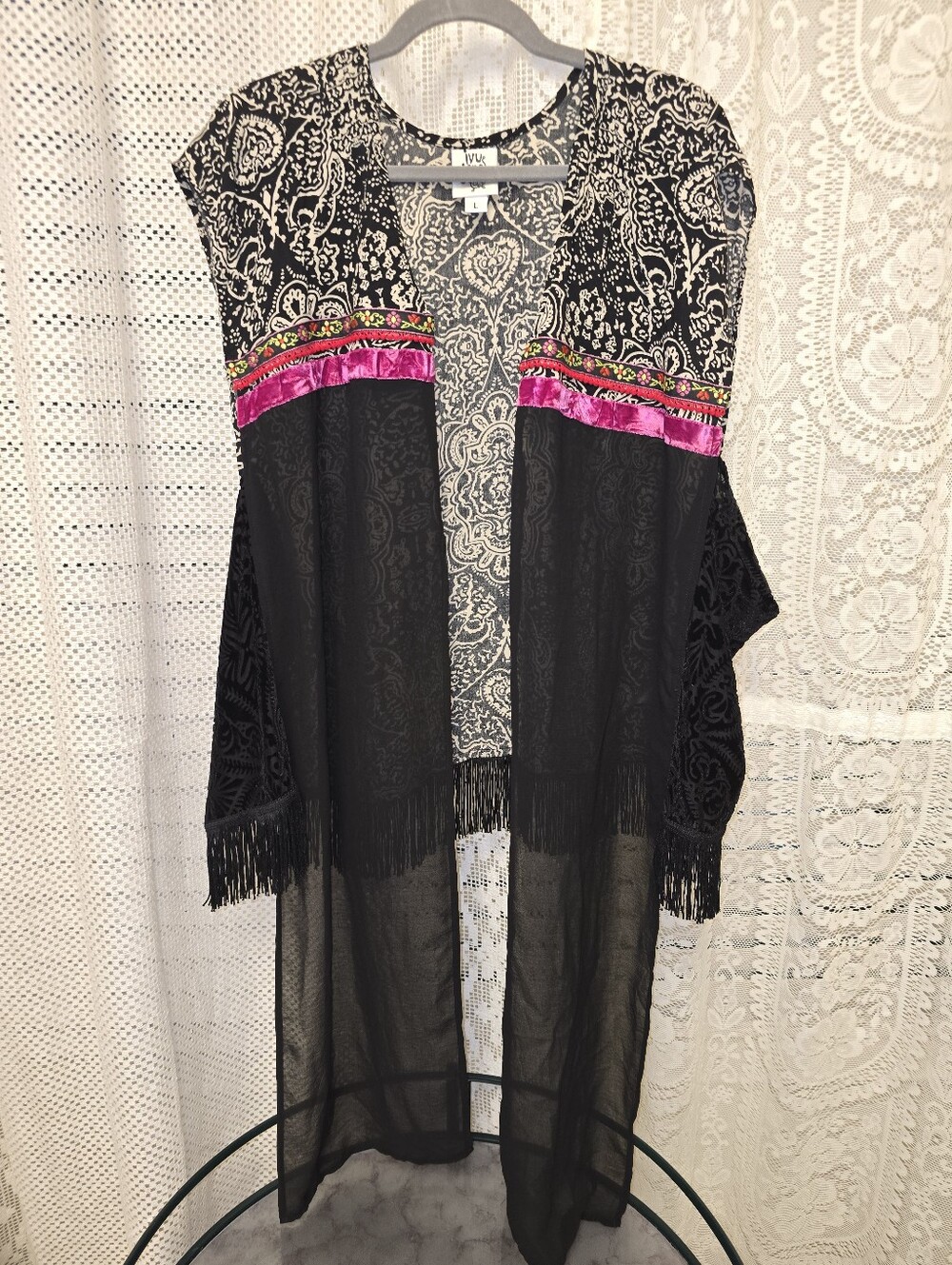 Ivy Jane Boho Black Floral Duster Vest with Fringe Womens Large